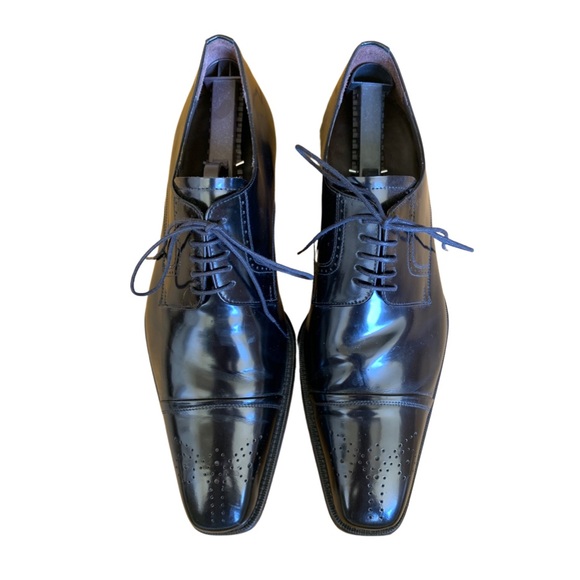 Mezlan Black Leather Semi Brogue Cap Toe Shoes - Picture 2 of 7